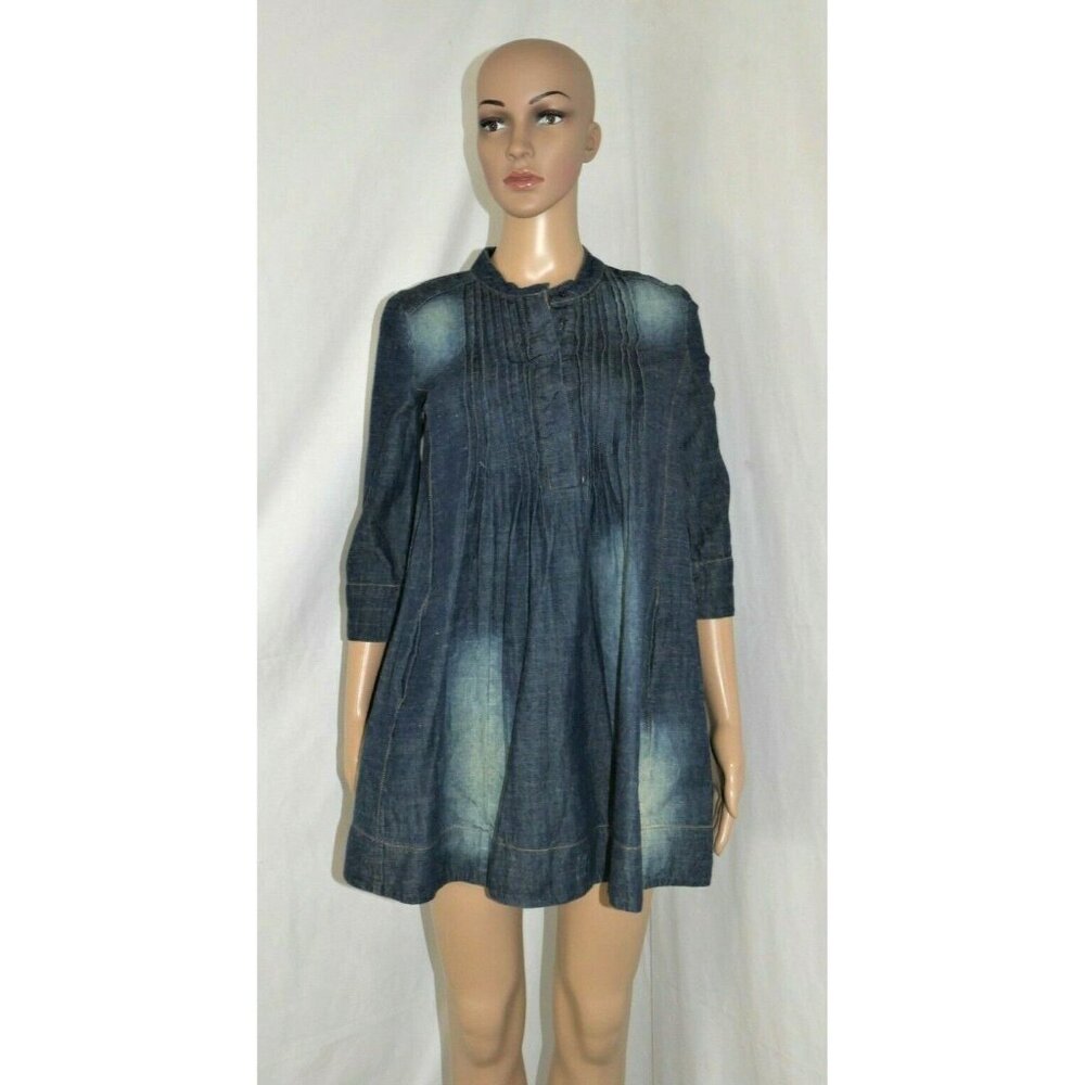 Amanda L & H Blue Denim Long Sleeve Smocked Tunic Blouse Womens Size 36 ***